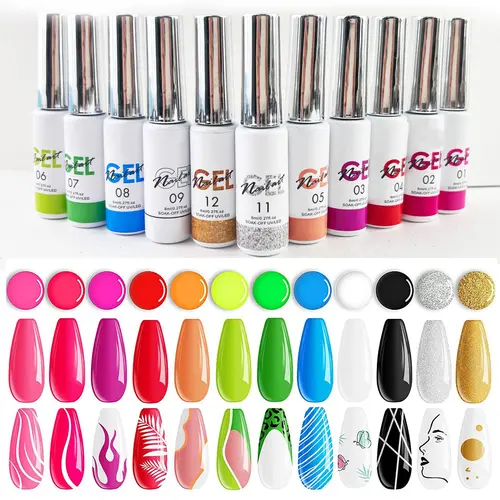 12 Colors Line Gel Set, 12pcs/set Soak off UV Gel LED Lamp Manicure Nail Art Gel, Nail Art Products, Nail Art & Nail Polish for Women & Girls Metallic Finishes Gel Nails