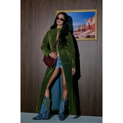 VALERIE VELVET EFFECT TRENCH IN GREEN