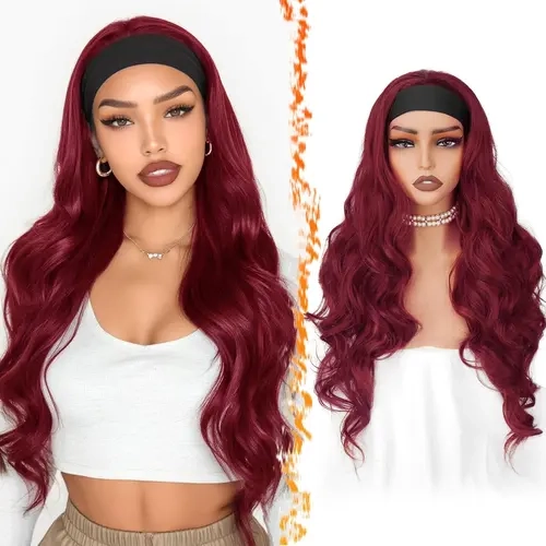 Women's 26in Thick Synthetic Full Machine Headband Wig - Long Loose Body Waves, Glueless On/Off, Heat-Friendly, Durable, Reusable, Adjustable Velcro Straps, Soft, Lightweight, Breathable, Natural Looking, Easy-Wear Adult Wig for Wedding, Burgundy Red,soho