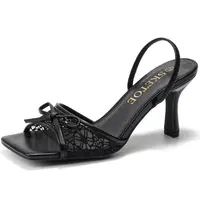 Kitten Heels for Women Square Toe Mesh Sandals Bow Knots Heels Open Toe Sandals for Women Comfortable Dressy Shoes for Wedding Party Summer