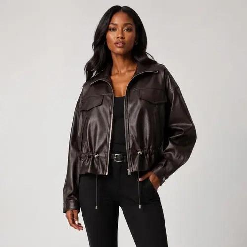 URBAN REVIVO Women's 1-Piece Vegan Faux Leather Bomber Jacket - Casual, Lightweight, Medium-Thickness Long-Sleeve Outerwear with Drawstring Waist, Coated Placket, Chic Style