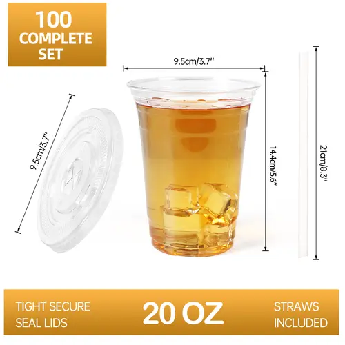 100 Set 20 Oz Clear Plastic Cups Disposable PET Cups For Iced Coffee Cold Drinks Juice Parfait Smoothie Milkshake Party Supplies Birthdays Picnics summerwins,summerwins