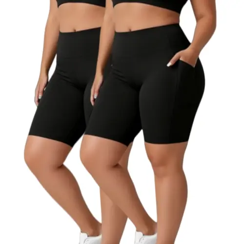 Set of 2 Women'S High-Waisted Shorts with Elastic Waistband And Two Pockets, Black Color Combinations, Suitable for Outdoor Sports, Casual Cycling, Fitness, Yoga, High-Elasticity Machine Washable Solid Color, Super Soft Opaque Athletic Underwear summerwin