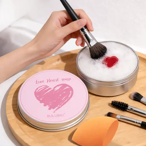 Heart-Shaped Cosmetic Brush Cleaner Solid Soap - Includes Color-Removing Sponge, Silicone Cleaning Pad, Scrubs Gently, Instant Clean, Residue-Free, Removes Eye Shadow Pigment, Instant Clean, No Residue