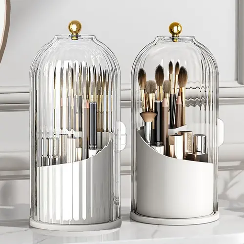 2pcs PVC Waterproof Modern Toothbrush Holder Organizers with Transparent Door Lid, 360-Degree Rotating Home Goods for Vanity Bathroom, Desktop Countertop Organizing Makeup Brush Storage Container summerwins,summerwins,home essentials