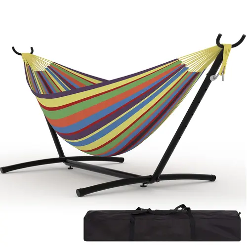 Heavy Duty Double Hammock with Steel Stand – 2-Person, 450lbs Capacity, Quick-Fold, Portable, Space Saving, Carry Bag Included – Ideal for Outdoor Garden, Yard, Camping, Beach