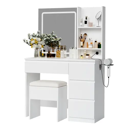 Vanity Desk with Lighted Mirror – 4 Drawers, Power Outlet, Storage Stool, Adjustable 3-Color LED Lighting, Shelves, Hair Dryer Holder – Makeup Vanity Set for Bedroom – White, Vanity Table Set, Lighted Vanity Desk