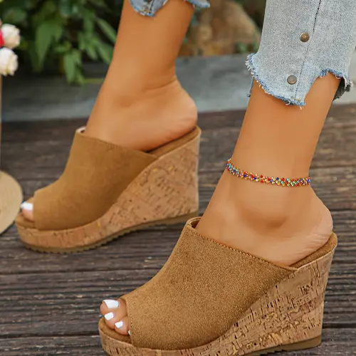 Women's Summer New Thick Sole Heeled Wedge Sandals, Open Toe Slip-On Slippers, Casual Stylish Elegant Fashion Comfortable Shoes for Women