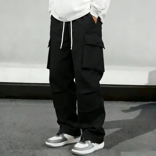 Men’s American High Street Cargo Workwear Pants – Spring/Autumn Trendy Brand, Loose Straight-Leg, Multi-Pocket Drawstring Casual Wide-Leg Trousers