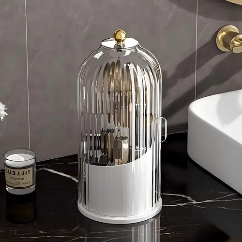 Acrylic Toothbrush Holder with Cover - 1-Piece 360° Rotatable, Transparent, Waterproof Bathroom Organiser, Adhesive-Taped, Multi-Section for Countertop Vanity Toothbrush & Cosmetic Brush Storage, Vanity Accessories