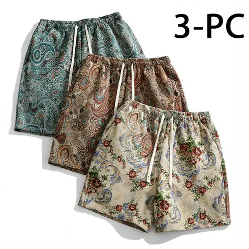 3 PC Men's Casual & Beach Vacation INS Classic Paisley pattern short Weave Texture Jacquard Shorts with Drawstring Waist & Pockets Perfect for Spring/Summer Unisex Track Shorts Tropical Menswear Fabric Boho Brown Knitted Natural Polyester Boho