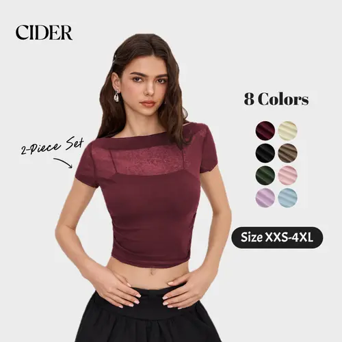 Cider Off-shoulder Ruched Short Sleeve Tee & Cami Top 2-Piece Set Basic Summer Womenswear