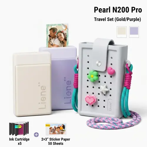 Liene Pearl N200 Pro Lightweight Portable AI-Enhanced Wireless Sticker Thermal Printer Bundle, 2x3 In Adhesive Paper & Ink Cartridges, Bluetooth Thermal Dye Sublimation Printer, CCD Camera, Back to School Haul Gift Idea