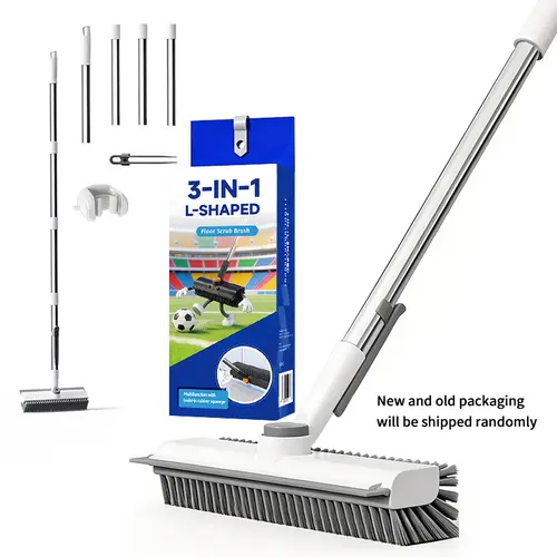 3-in-1 Heavy Duty Stiff Bristle Floor Scrub Brush (Home Care Supplies) - 54-in Adjustable Long Handle, Scraper for Back-Friendly Cleaning of Toilet, Carport Surfaces, Orange&White