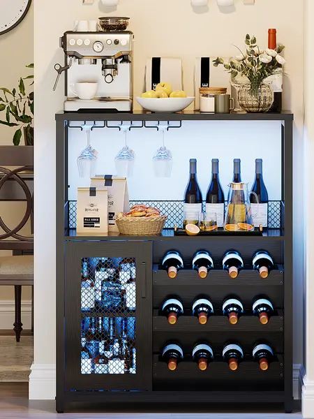 Modern 3-Tier Wood Wine Bar Cabinet with LED Lighting, Detachable Wine Rack, Glass Holder, Mesh Doors, Iron Legs, Ample Storage - Powder Coated Industrial Look Home Decor Cool Furniture Sideboard Buffet for Dining, Living Room, Man Cave Furniture