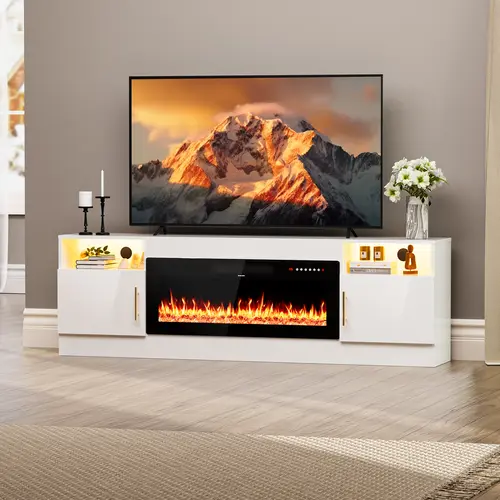 (2 Packages Shipping) AHB Fireplace TV Stands - 70-in Modern Media Console Cabinet with 36-in Electric Fireplace (Fits 80-in TVs Max), High-Gloss Door LED Lighting Entertainment Center for Living Room,dorm essentials,home decor #SohoChic
