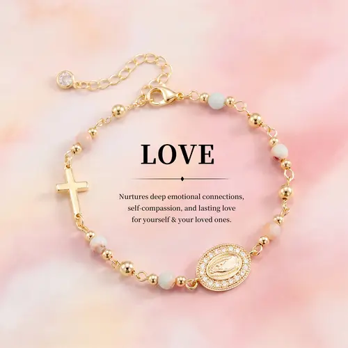 TEWIKY Charm Bracelet for Women with Natural White Turquoise & Pink Zebra Jasper, 14kt Gold-Plated High Quality Beaded Stretch Jewelry, Virgin Mary Religious Gift, High Quality Bracelet, Exquisite Bracelet