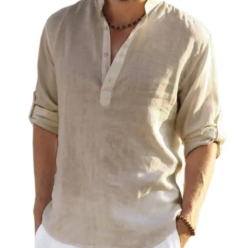 Coofandy Men's Cotton-Linen Henley Shirt, Long Roll-Up Sleeve Casual Hippie Tops, Stand Collar Button Down for Beach Wear or with Jeans,back to school,back to school shopping, Fabric