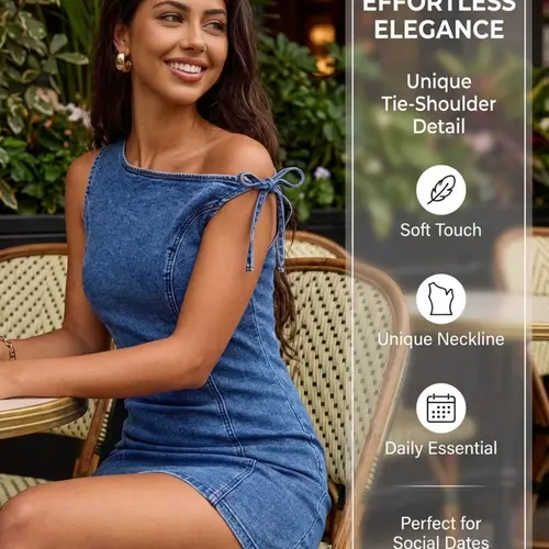American Style Asymmetrical Neckline Denim Dress with Tie Design, Slim-Fit Dress, Fashion Style Sleeveless Bodycon Dress, Casual Wear, Short, Summer Dresses