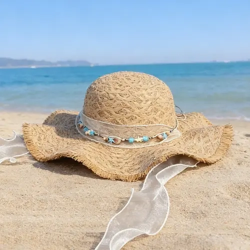 SHIFFRINKEN Women's Wide Brim Straw Sun Protection Hat - Wavy Edges, Floral Ribbon, Lightweight, Breathable Weave, Slip-On, Bohemian Vibe, Casual Auspicious Accessory for Birthday, Ceremony, Summer Beach Travel Photo-Ready Use