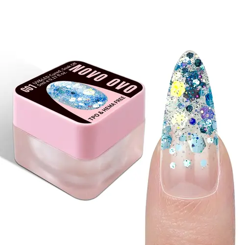 NOVO OVO Chunky Glitter Gel Nail Polish (G01 Oceanic Mist with Blue Holographic Sequins) - 5ml Travel Size, Reflective Soak Off UV/LED, HEMA & TPO Free, Glossy Long-Lasting, Disco Ball Finish, Gel Nails at Home Manicure Supplies