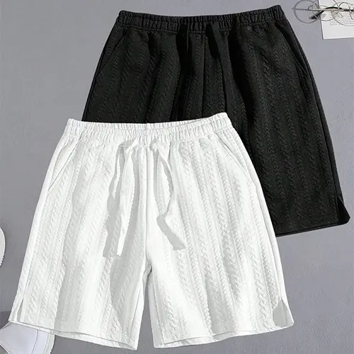 Men's Solid Color Jacquard Drawstring Waist Shorts, Regular Fit Casual Comfy Breathable Shorts for Summer, Men's Bottoms for Daily Wear