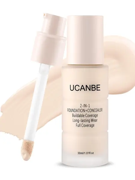 UCANBE 2-IN-1 Foundation + Concealer, Full Coverage Long-Lasting Matte Makeup for Normal, Combination and Oily Skin, Buildable Waterproof Formula with Hyaluronic Acid 01 Fair Ivory