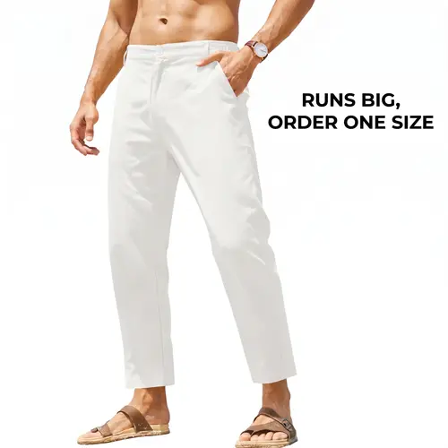 Coofandy Men's Plain Hawaiian Cotton-Linen-Rayon Pants, Elastic Waist Lightweight Relaxed Fit Cropped Men's Clothing Bottoms, Pull-On with Slanted Pockets Belt Loops Soft Breathable Fabric for Outdoors Yoga
