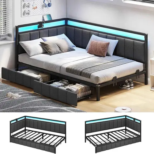 SIKAIC Gray Upholstered Twin Corner Daybed Frame - LED Lights, Charging Station, Storage Drawers, Contemporary Upholstered Bed for Apartment Furniture, Dream Room Beds, Indoor Furniture,dorm essentials,home decor