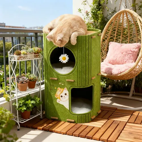 SmartWell 3-Tier Felt Cat Tree Condo - Sturdy Modern Open Design, Cartoon Red Bell Toy, Spot Clean, Solid Indoor Kitten Play Tower, Easy Assembly, Multi-Level Pet Bed for Sleeping & Playing, Home Decor