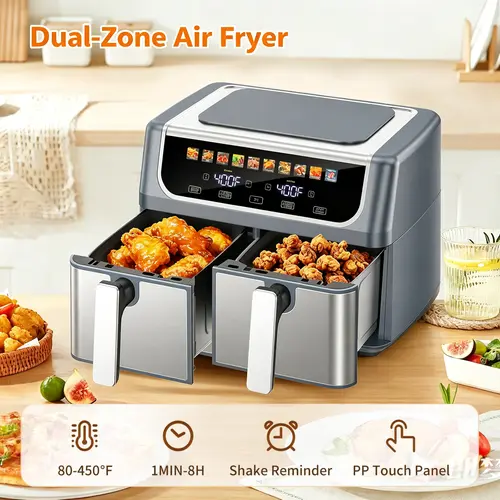 Sweetcrispy 9QT Dual Basket Digital Double Zone Air Fryer - 10-in-1 Smart Digital Cooker, Adjustable Temperature, 2 Independent Nonstick Baskets with Easy View Windows, Sync Finish & Hi-Fry Functions, 200°F-450°F Range Kitchen Appliance