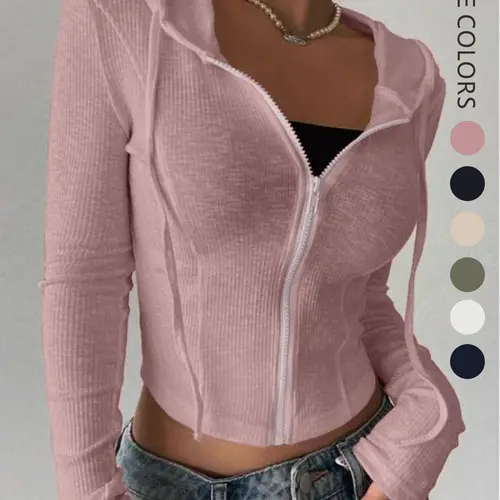 Spring Summer Long Sleeve Knit Sweater Fashion Casual Open Front Top Slim Fit Sporty Womenswear Lady Hoodie Sweatshirts Short Zippered Hooded Pullover Casual Drawstring Hooded Fashion Hoodies