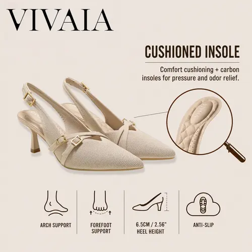 VIVAIA Arch Support PointEase Slingback Kitten Heels, Comfortable Pointed-Toe Stilettos Heels, Anti-Rub Blister-Free Dress Shoes, Elegant Professional to Evening Pumps(Adela) Footwear Women Girl Summer, Kitten Heels For Women