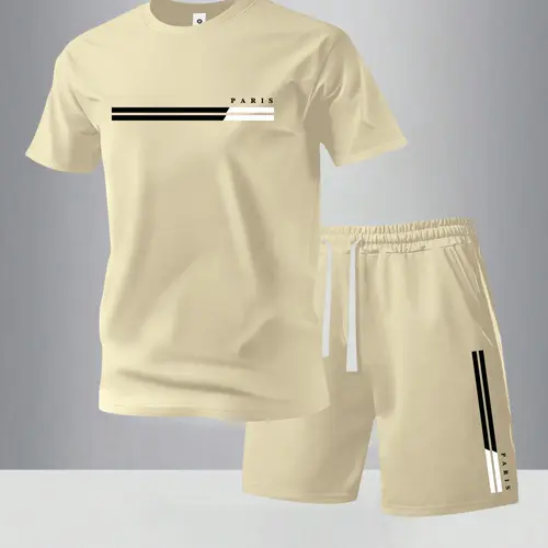 Men’s summer regular-fit cotton short-sleeve T-shirt and shorts set featuring a Paris letter print. Fashionable casual menswear for going out, with pocketed athletic elastic-waist drawstring shorts. Two-piece set suitable for running, golf, fishing, baske