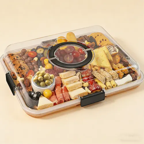 2-in-1 Bamboo Cutting Board & Charcuterie Board with Lid, Reversible Chopping Board with Juice Groove & Handle, Snack Tray with Compartments, Portable Dust-Proof Cover for Picnic, Party & Gifts