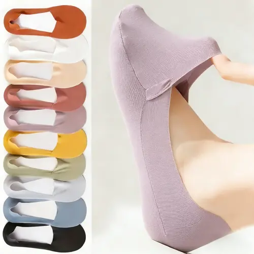 Women's 10-Pair Plain Invisible Fit Socks for Women, Lightweight Comfortable Cushioned Sole Silicone Foot Socks with Anti-Slip Grip & Stability, Breathable Moisture-Wicking Ankle Style for Ballet Flats, Stylish Casual Design