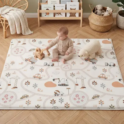 PaPaMat 1.3'' Thick Plush Road Map Baby Play Mat – Coral Velvet Memory Foam Floor Mat for Nursery & Toddler Playroom
