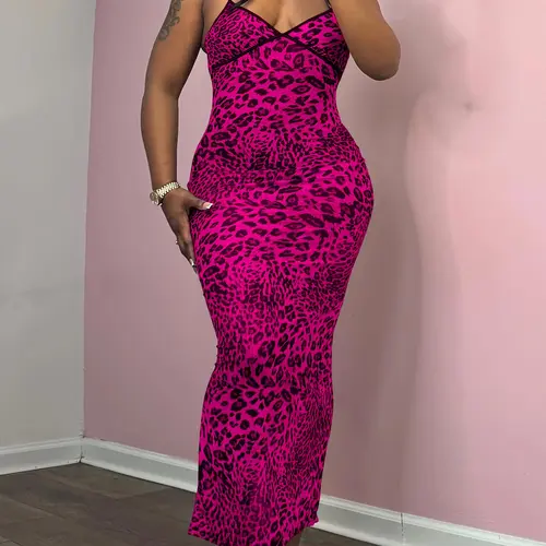 European and American Women's Summer New Fashion Casual Sexy Strappy Sleeveless Long Dress, Leopard Print Pattern, Slim-Fitting, Unlined, 88.2 G/m², Chic, Casual Wear, Bodycon Long Dress