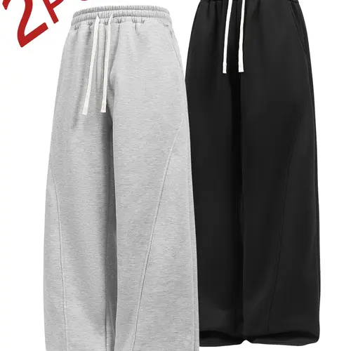 Men's Loose Fit Sport Pants, Unisex Drawstring Waist Wide Leg Casual Trousers, Umbrella Style Sweatpants, Comfortable Fleece Running Pants, Athleisure Pants, Knitted Sports Pants, Casual Sporty Pants
