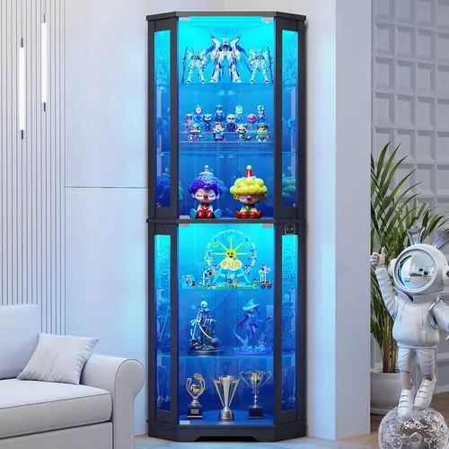 BROTTAR 71" Wood Corner Display Cabinet with Glass Doors, 6-Tier Curio Cabinet with 3 LED Lights, Human Body Sensor, Auto On/Off Light, Popup Door Access, 20lb Per Shelf Capacity (Black/White)