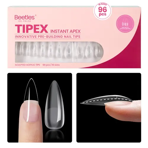 [Exclusive to TTS]Beetles Tipex Instant Apex Nail Tips 96PCS Stiletto Almond Square Coffin Pre-Etched Pre-Building Strong Thick Acrylic Nail Gift for Women Tips Only, Nails Supplies, Fuller Nail Look With Minimal Gaps, Quick At-Home Nail Extension Fix