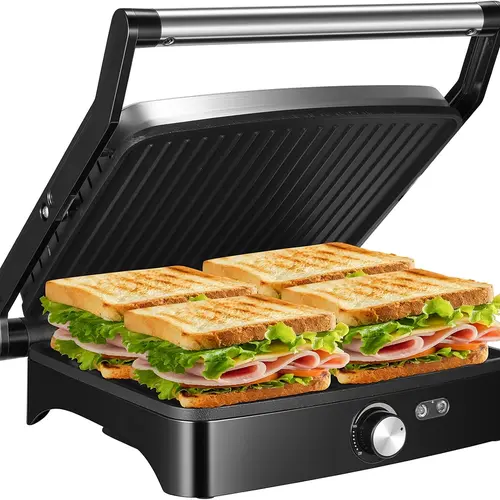 OSTBA Panini Press Grill with Adjustable Temperature 4-Slice Indoor Grill 180° Open Sandwich Maker Non-Stick Plates Stainless Steel 1200W Cast Aluminum Panini Press