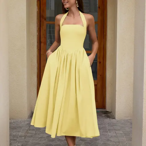 Women's Elegant Minimalist A-Line Sleeveless Dress with Pockets, Lady Slim-Fitting Chic Fitted Long Gown, Plain Design for Daily Wear, Stylish Backless Neckline, Everyday Womenswear, Backless Summer Dress, Casual Dresses, Minimalist Solid Dress