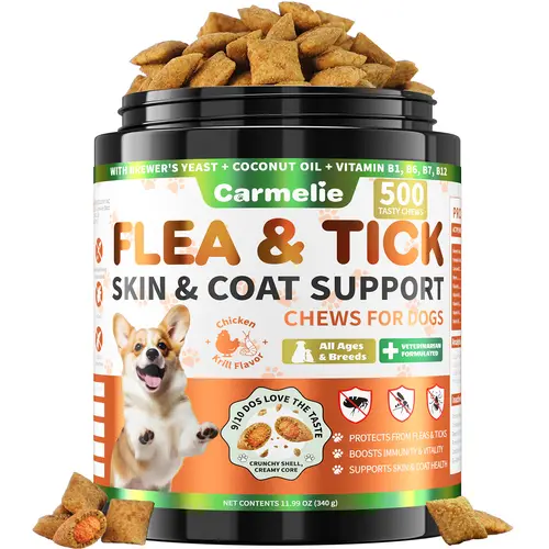 Carmelie Natural Flea & Tick Support Dog Chewables Jar, 500 Crunchy & Savory Multivitamin Treats with Coconut Oil, Biotin & Vitamin B12 - Supports Skin & Coat - Chicken & Krill Flavor for All Dog Breeds & Ages