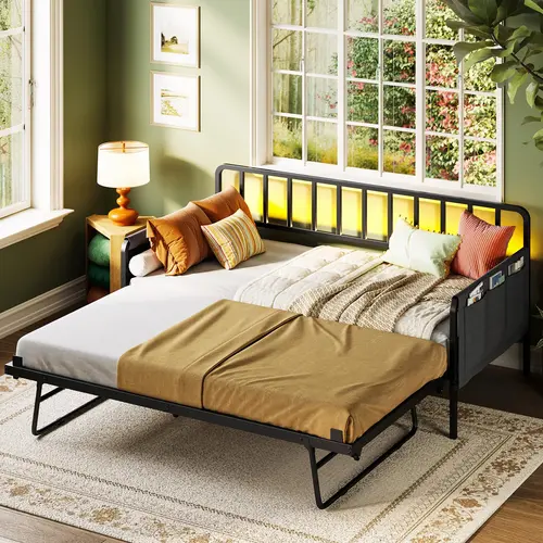LIKIMIO Twin Day Bed with Pull-Out Trundle - Metal Frame, Color-Changing LED Lights, USB Port Charging Station, Side Storage, Silent, No Box Spring Needed, Easy Setup, Fold-Out Sofa for Small Spaces & Living Rooms | Indoor Bed Frames