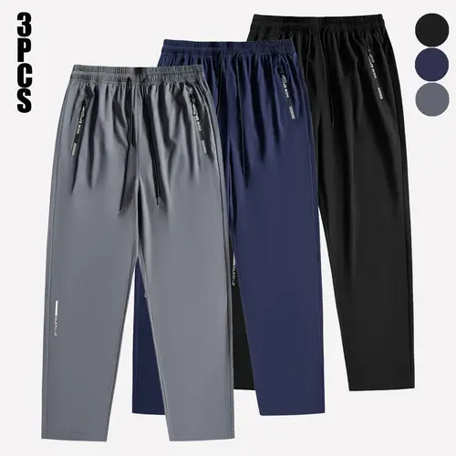 Men’s 3-Pack Loose Wide-Leg Activewear Jogger Pants, Unisex Drawstring, Drawstring Cuffs, Zippered Pockets, Summer Stretch, Breathable, Sportswear, Workout Jogger, Men's Sweatpants