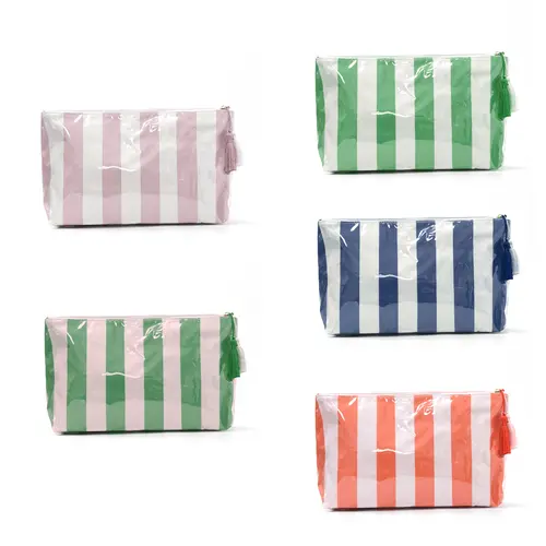 Vertical Stripes Polyester Handheld Makeup Pouch - Zip Closure Cosmetics Organizer, High Capacity Multi-Use On-The-Go Storage for Travel, Commuting, Zip Keeps Items In