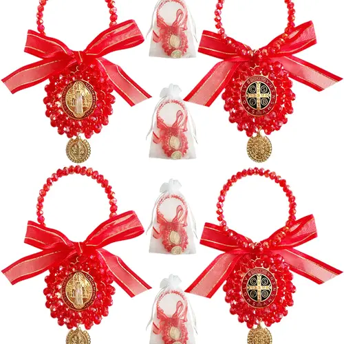 Saint Benedict Medal Door Hanger, 4pcs Pocket Rosary with Organza Bags, Catholic Gifts, Car Hanging Charm, Home Door Decor Ornaments, Home Door Hangers, Home Hanging Decoration, Home Accessory, Home Decorative Ornament