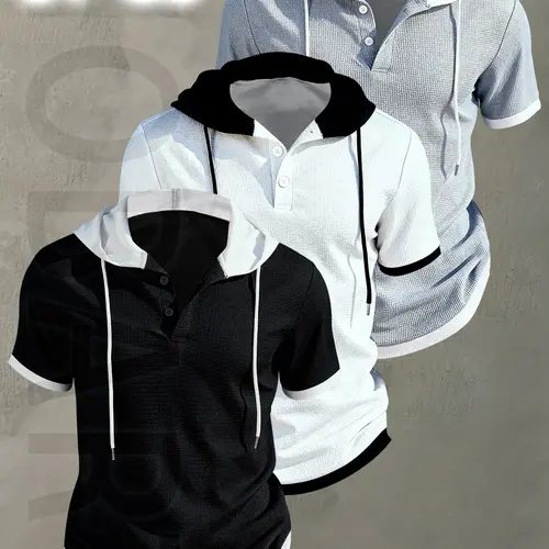 3pcs Men's Casual Classic Short Sleeve Hooded Henley Shirt Tops - Textured Waffle Knit & Contrast Color Block Design with button, Breathable Summer Outdoor Sportswear, Machine Washable Regular Fit, Henley Placket Design, classy men's fashion hoodie.