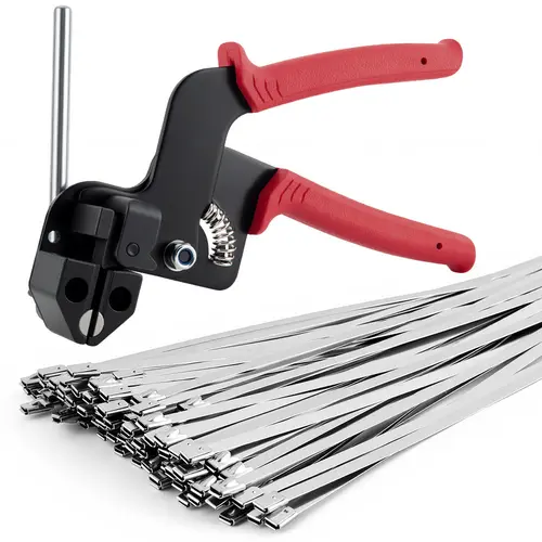 Handheld 304 SS Stainless Steel Cable Tie Gun Kit with 100 Cable Ties (11.8" UV-Resistant, 200LBS Tensile Strength) for Chain Link Fences, Exhaust Pipes, Heavy Wire, Chicken Coop Outdoor Use